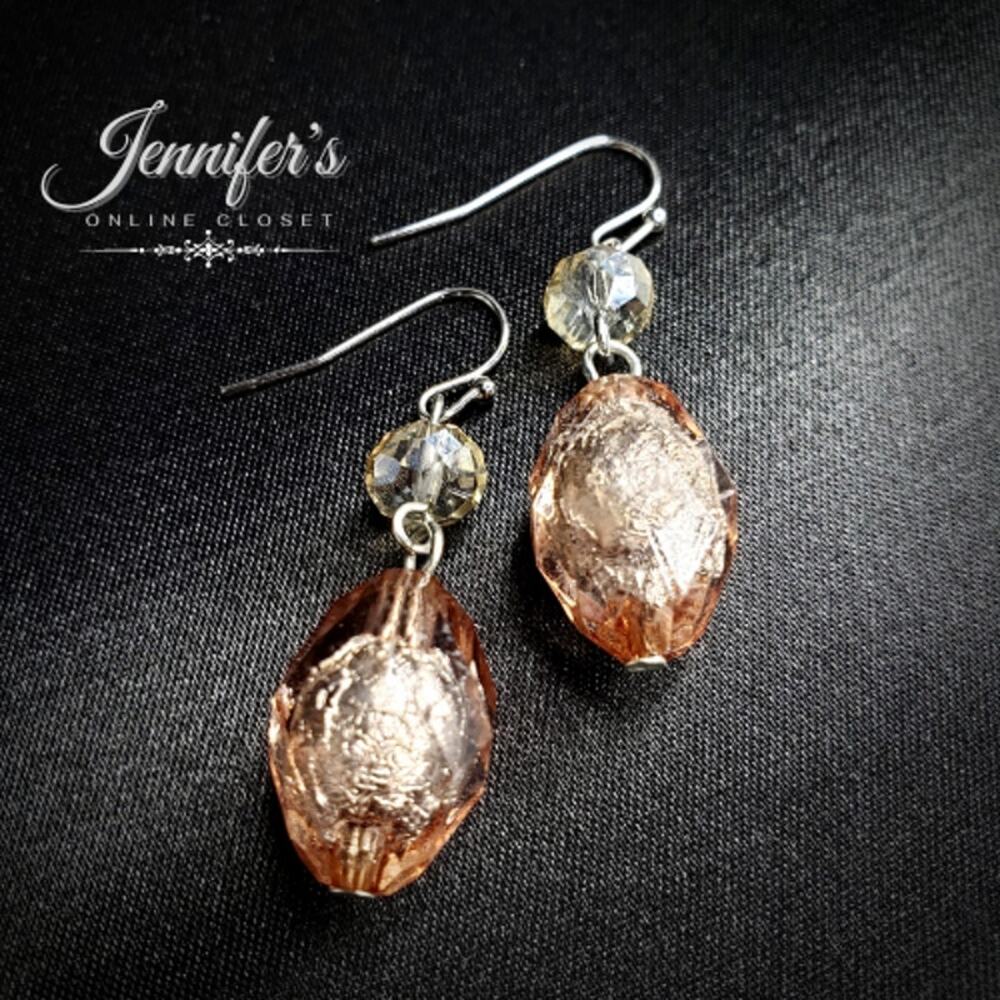 Silver Tone Fishhook with Clear & Peach Beaded Dangle Earrings